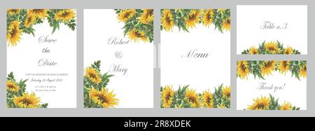 Aquarell-Set mit Sonnenblumen-Vorlage. Handgemalte Abbildung auf weißem Hintergrund. Designelement der Blumendekoration für Hochzeitsdrucke. Stockfoto