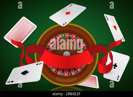 Casino-Roulette, fliegende Asse und rotes Band Stock Vektor