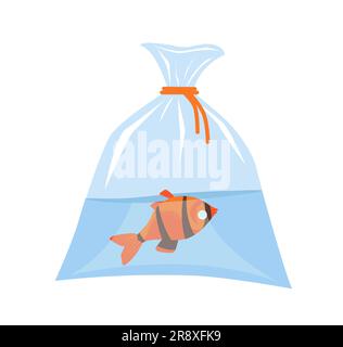 Vorsichtiges Fischverhalten. Kleine Fische sterben in einem Plastikbeutel mit Wasser. Transport von Meerestieren. Wassertiere. Toter Goldfisch schwimmt auf dem Kopf dow Stock Vektor