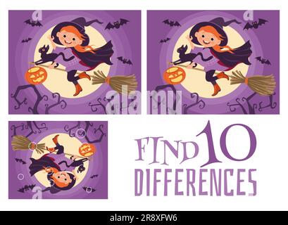 10 Unterschiede finden. Faszinierende Hexe auf Besen. Pädagogisches Spiel für Kinder. Arbeitsblatt mit der richtigen Antwort. Brainteaser-Aufgabe. Beschreibung der Seite „Logikquiz“ Stock Vektor