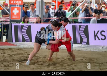 Gangneung, Südkorea - 20. Juni 2023: Ssireum oder koreanischer Ringkampf beim Gangneung Danoje Festival in Südkorea. Stockfoto