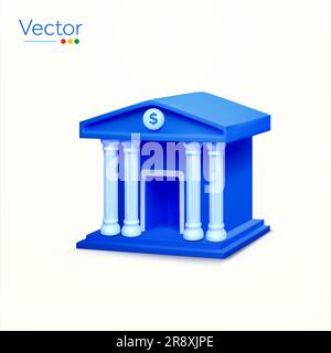 3D Bankgebäude in minimalistischem Stil, isoliert auf weißem Hintergrund. Entwurfsobjekt für Finanzen, Bankwesen, Investitionen, Regierung. 3D-Vektordarstellung. Vektordarstellung Stock Vektor