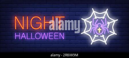 Night Halloween Neon-Banner mit Spinne im Netz Stock Vektor