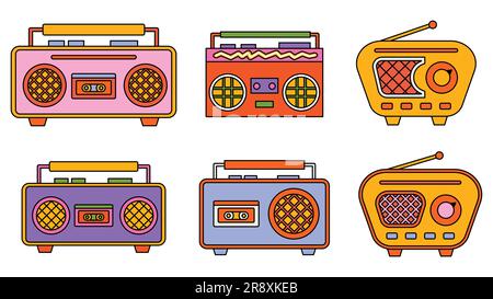 Trendige Hipster-Elemente im Retro-Look. Sammelaufkleber von groovy retrowave Clipart. Collage mit trendigen Akzenten und flippigem Designelement. ba Stock Vektor