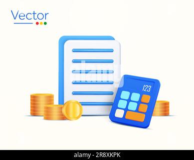 3D Dokumente oder Akten mit Taschenrechner, Stapel von Münzen, isoliert auf Hintergrund. Designkonzept für Buchhaltung, Fonds, Finanzen, Banken, Investitionen. 3D-Vektordarstellung. Vektordarstellung Stock Vektor