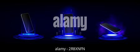 3D-Handymodell auf dem Podium. Futuristischer Hintergrund mit Tech Stand mit Neonlicht und Hologramm eines Smartphones. Plattformen mit blauen Strahlen und Geräten, Vektor-realistisches Set Stock Vektor