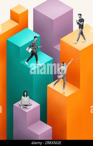 Vertikale Collage mit Mini-Schwarz-Weiß-Effekt Menschen verwenden die Sprungweg-Plattform von Netbook-Smartphones isoliert auf kreativem Hintergrund Stockfoto