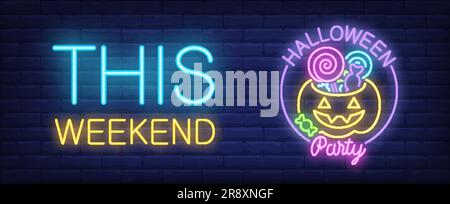 Halloween-Party-Banner im Neon-Stil. Dieses Wochenende und Kürbis Stock Vektor