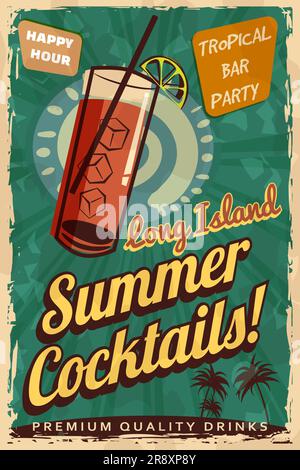 Long Island Cocktail Retro Poster. Cocktailbar, Vintage-Schild Stock Vektor