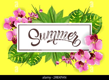Sommerschrift in Rahmen mit tropischen Blättern und Orchideen Stock Vektor