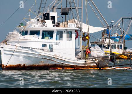 Kommerzielle Fischerboote wurden im Rahmen des von BP verwalteten Programms „Vessel of Opportunity“ zu Ölreinigungsmannschaften umgebaut. Stockfoto