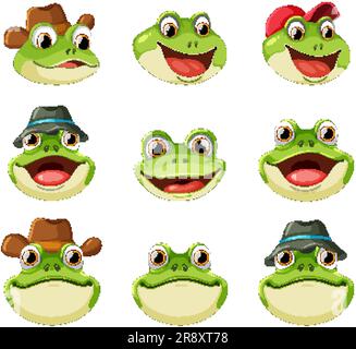 Frosch-Cartoon-Set mit unterschiedlicher Gesichtsausdrucksdarstellung Stock Vektor