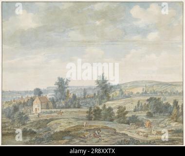 Blick auf Middachten und Tiere, 1776. Hügelige Landschaft mit Hirten und Herden. Stockfoto