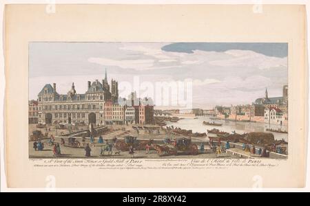 Blick auf das Rathaus und die seine in Paris, 1749. „A View of the Town House, or Guild Hall of Paris, where in a Distance Pont Mary [Marie], &amp; the Wooden Bridge genannt Pont Rouge“. Stockfoto