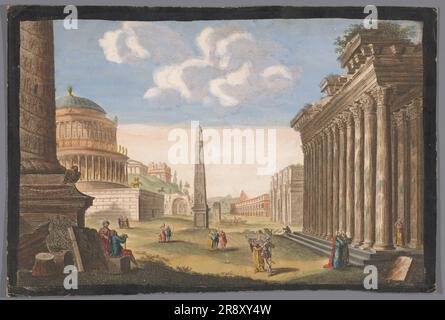 Blick auf die Ruinen der Trajanssäule, den Konstantinsbogen und andere Denkmäler in Rom, 1745-1794. Stockfoto