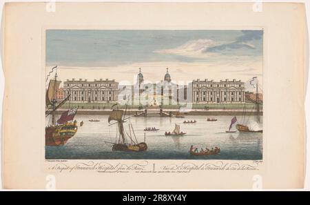 Blick auf das Greenwich Hospital an der Themse in Greenwich, 1751. Stockfoto