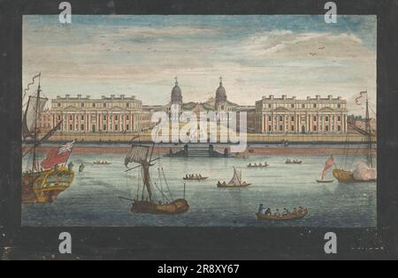 Blick auf das Greenwich Hospital an der Themse in Greenwich, 1751. Stockfoto