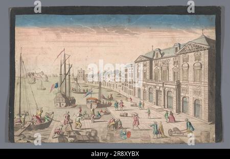 Blick auf das Rathaus und den Hafen von Marseille, 1745-1775. Schiffe und Boote am Kai, Gruppen von Figuren mit Waren am Ufer. Stockfoto