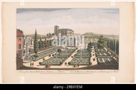 Blick auf den Giardini Vaticani in Vatikanstadt, 1750. „A View of the Seat of Belvedere in Vaticano bei Rom“. Auf der linken Seite die Fontana degli Specchi. In der Mitte das Casino di Pio IV Im Vordergrund der Giardino de Semplici. Im Hintergrund links die Fontana delle Torri. Stockfoto