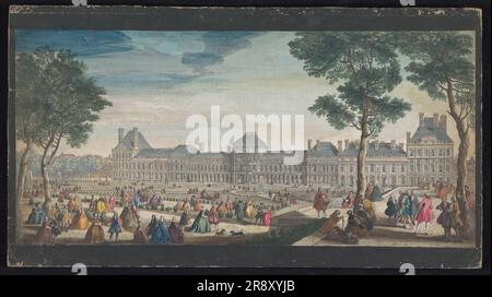 Blick auf den Palais des Tuileries in Paris vom Jardin des Tuileries, c.1691-nach 1753. Menschen gehen in den Gärten. Stockfoto