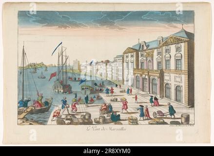 Blick auf das Rathaus und den Hafen von Marseille, 1745-1775. Schiffe und Boote am Kai, Gruppen von Figuren mit Waren am Ufer. Stockfoto