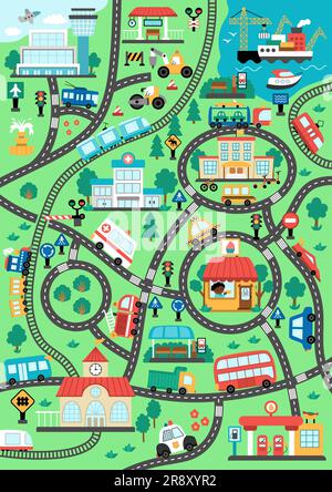 Stadtverkehrskarte. Hintergrund mit Eisenbahn, Straßen, Verkehrsschildern für Kinder. Vektor-Infografiken mit Zug, Auto, Straßenbahn, Lkw. Stadtplan mit Stock Vektor