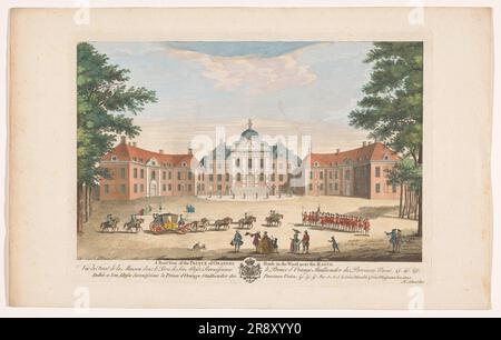 Blick auf die Vorderseite des Huis Ten Bosch Palastes in Den Haag, 1734-1768. „A Front View of the Prince of Orange's House in the Wood bei Den Haag“. Auf der linken Seite wird eine Kutsche von sechs Pferden gezogen. Stockfoto