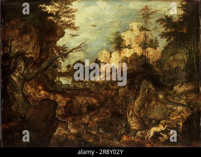 Wildschweinjagd in einer felsigen Landschaft, 1620. Stockfoto