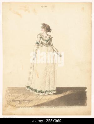 Galerie der Mode, 1798. Stehende junge Frau in weißem Kleid mit Paspeln grüner Blätter. Stockfoto