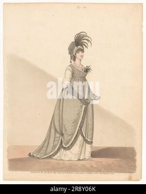 Galerie der Mode, 1798. Stehende Frau in kariertem Kleid mit Fan. Stockfoto