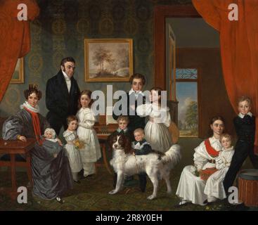 Porträt der Baud-Familie in ihrem Landhaus in Voorburg, 1831-1832. Baud 1789-1859) war von 1833 bis 1836 Generalgouverneur der Niederländischen Ost-Indischen Inseln. Der Maler Raden Saleh gilt als der erste "moderne" Künstler aus Indonesien (damals die niederländischen Ostindien). Er reiste nach Europa, um Malerei zu studieren, und wurde der erste indigene Indonesier, der in die Freimaurer aufgenommen wurde. Nach 20 Jahren in Europa kehrte er auf die niederländischen Ostindischen Inseln zurück und arbeitete als Konservator für die koloniale Sammlung von Regierungskunst und fungierte als Hofmaler des Generalgouverneurs. Stockfoto