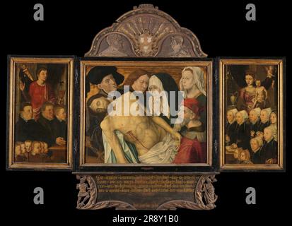 Memorial Triptych, früher Gertz Memorial Triptych genannt, mit der Klageschrift (Mitte), neun männlichen Spenderporträts mit Johannes dem Evangelisten (linker Flügel, innen), neun weiblichen Spenderporträts mit Jungfrau und Kind (rechter Flügel, innen), St. Peter (linker Flügel, außen) und St. Mary Magdalena (rechter Flügel, außen), Nach c.1527. Verstanden, wenn Hugo van der weg ist. Stockfoto