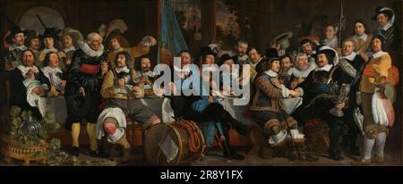 Bankett in der Crossbowmen’s Guild in Celebration of the Treaty of MüNster, 1648. Weitere Titel: The Celebration of the Peace of Münster, 18. Juni 1648, im Hauptsitz der Crossbowmen's Civic Guard (St. George Guard), Amsterdam. Die Bürgerwachen waren die Miliz der Stadt. Sie waren Freiwillige. In Amsterdam hatte jeder Bezirk sein eigenes Unternehmen mit eigenem Hauptsitz. Im 17. Jahrhundert wurden größere und größere Gebäude gebaut. Gruppenporträts der Mitglieder schmückten die Wände. Im Jahr 1648 verewigte Van der Helst dieses Amsterdamer Unternehmen in ihrem Saal, um den Frieden zu feiern Stockfoto