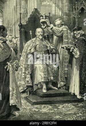 "Der Erzbischof von Canterbury krönt den König", 1902, (c1900). Edward VII wurde am 9. August 1902 in Westminster Abbey in London von Frederick Temple, Erzbischof von Canterbury, gekrönt. Aus "Cassell's History of England, Vol. IX". [Cassell and Company, Limited, London, Paris, New York &amp; Melbourne] Stockfoto