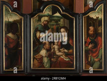 Triptych mit der Verehrung der Magi, 1520-1550. Stockfoto