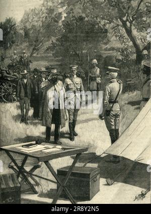 "Cronjes Kapitulation", 27. Februar 1900 (c1900). Böhmergeneral Piet Cronje ergibt sich nach der Schlacht von Paardeberg, Südafrika, Lord Frederick Sleigh Roberts, Oberbefehlshaber der britischen Armee. Aus "Cassell's History of England, Vol. IX". [Cassell and Company, Limited, London, Paris, New York &amp; Melbourne] Stockfoto