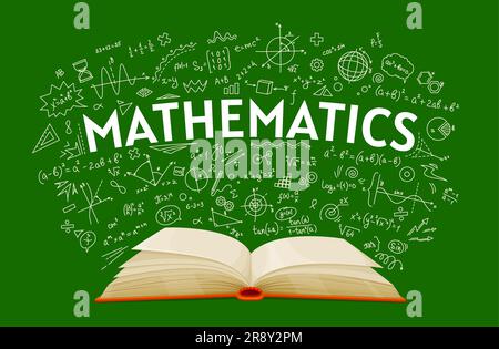 Mathematik-Lehrbuch über den Hintergrund von Schultafeln, Vektorlehrbuch. Mathematik- und Geometriekurse öffnen das Lehrbuch eines Schülers mit Kreide mathematischer Formeln und Gleichungen Stock Vektor