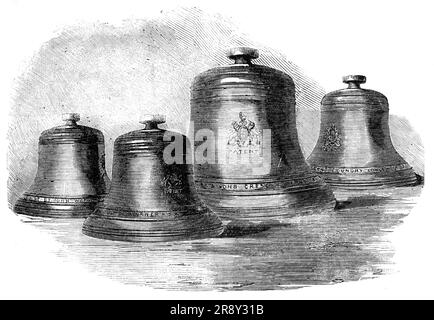 Die Quartalsglocken für die große Uhr in Westminster, [London], 1857. "Die Glocke des vierten Viertels... ist eine sehr feine Glocke, und es wäre schade, wenn der kommende kleinere Big Ben sich damit nicht einverstanden erklären würde, Um also die Neufassung von beiden... des neuen Patents von John Warner und Söhnen für Verbesserungen bei der Herstellung von großen Kirchenglocken zu erzwingen, können die Patenten eine Glocke zu jeder Note oder jedem Gewicht mit nahezu absoluter Sicherheit hervorrufen, Und ist offensichtlich ein viel wissenschaftlicherer Modus als der alte, große Glocken zu Formen. Die Notwendigkeit der Feinabstimmung, die bei Bedarf erfolgt Stockfoto