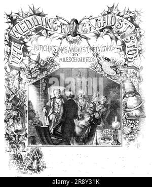 Der Hochzeitsring - eine Geistergeschichte zu Weihnachten und seinen zwölf Tagen, von Miles Gerald Keon, 1857. Illustration für eine kurze Geschichte, in der eine Gruppe von Männern dargestellt wird, die nach dem Abendessen um einen Herd sitzen. Aus "Illustrierte London News", 1857. Stockfoto