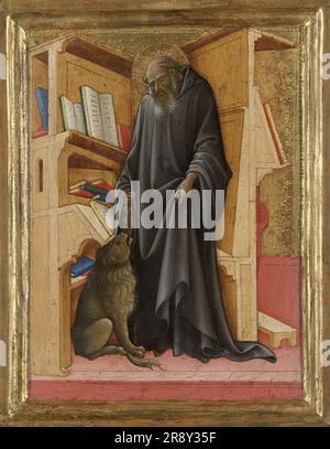 St. Jerome in seiner Studie, c.1420. Der Heilige Jerome in der Ecke seines Arbeitsraumes, begleitet von dem Löwen, der sich mit ihm anfreute, nachdem er einen Dorn aus seiner Pfote entfernt hatte. Diese Tafel war der rechte Flügel eines kleinen Diptychus. Stockfoto