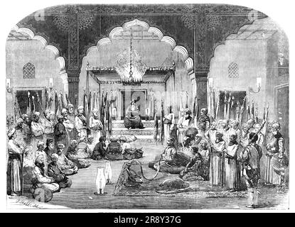 Der Nawab von Morshedabad in Prayer, von einer einheimischen Zeichnung, 1857. "Die Gravur, die den Nawab von Morshedabad im Gebet repräsentiert... gibt eine getreue Vorstellung vom Innern eines Mahometan-Gebetsortes; die Gemeinde, die sich in einem halbtraumhaften Zustand niederlässt oder wie sie steht; Und an den angegebenen Stellen in den Gebeten, die die vom Ritual ernannten Genuflexionen und Salamen vollbringen." Aus "Illustrierte London News", 1857. Stockfoto