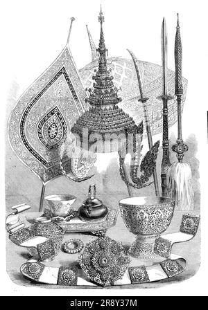 Geschenke von den Königen von Siam an Königin Victoria, 1857. "Eine königliche Krone aus Gold, Emaille, Diamanten und Rubinen; ein prächtiger Juwelenstern und ein goldenes Girdle mit neun Edelsteinköpfen, die von ihrer Größe her ein außergewöhnliches Gewicht haben; ein riesiger Goldring, bestehend aus Diamanten, Rubinen, Karbunkeln, Katseyes, &Amp;c., von großer Schönheit, die von ihrer Größe her auf dem Daumen zu tragen scheint; ein Becken aus Gold und Emaille zum Waschen und eine Teetasse mit Untertasse aus ähnlichem Material; eine wunderschöne Miniatur-Teeausrüstung mit einem Tablett aus Gold mit aufwändig geprägter Prägung; opale Becken und ein Bronze K Stockfoto