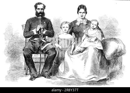 Colonel Inglis, der Kommandant von Lucknow, und Mrs. Inglis und Familie, 1857. Colonel Inglis trat im August 1833 als Fähnrich in das 32. Regiment der H.M. ein und blieb bis heute ohne Unterbrechung dort. Nach dem Ausbruch der indischen Meuterei war sein Regiment in Lucknow. Und nach dem Tod großer Banken... wurde Colonel Inglis das gesamte Vorgehen zur Verteidigung der Residenz übertragen. Um die Sprache der "Zeit" zu verwenden: "Die Verteidigung dieses Ortes ist, so glauben wir, beispiellos in der modernen Kriegsführung. Befestigte Städte, die mit ausreichender Gewalt verteidigt wurden Stockfoto