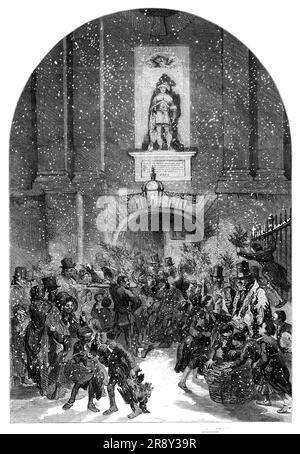 Christuskrankenhaus und Heiligabend - gezeichnet von John Gilbert, 1857. Festliche Szene vor der Blue Coat School in der Newgate Street, City of London. Aus "Illustrierte London News", 1857. Stockfoto