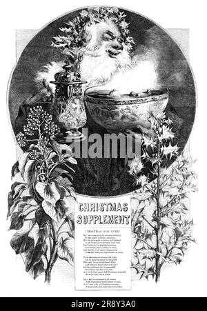 Weihnachtszusatz - Weihnachten Für Immer!, 1857. "Wir haben gesehen, wie gute alte Bräuche abgeschafft wurden, zu unserem Zorn, unserer Verzweiflung und unserem Kummer; mögen wir nicht so zierlich und poliert werden wie zu Weihnachten, um vom Roastbeef zu fallen. Und auch nicht von tändigem, lächelndem, unnötigem Pflaumenpudding getrieben zu werden, und auf seinen Rauch zu sehen, der aus dem Brett verschwindet, als Verbesserung des Dampfes, von der Gans, die sagt: "Es ist eine altmodische Torheit, Und möchte wissen, was es nützt? Lass auch den Mistelzweig über Brille und Jungs hängen, und mit Blindenbube Stockfoto