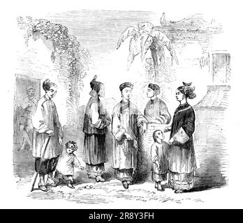 Chinesische Kostüme, nördlicher Teil von Kwang-Tung, 1857. "...die besonderen Kostüme des nördlichen Teils von Kwang-tung [Guangdong]. Die Mitglieder der Gruppe sind in verschiedene Klassen unterteilt: Erstens Krankenschwester und Kind; zweitens Fischer; dann zwei unverheiratete Frauen; Und schließlich eine verheiratete Frau. Im Hintergrund sind Teile der Häuser des Bezirks zu sehen.“ Aus "Illustrierte London News", 1857. Stockfoto