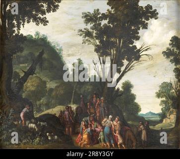 The Meeting of Jacob and Esau, c.1610-1620. Auf Befehl von Gott&#X2019 kehrte Jacob nach 20 Jahren Abwesenheit nach Canaan zurück, dem Land seiner Geburt. Dort traf er seinen Bruder Esau und seine 400 Mann umfassende Armee. Jacob fürchtete, dass Esau sich für Jacobs Diebstahl seines Geburtsrechts und seines Vaters&#X2019;s rächen würde, aber Esau &#X2018;umarmte ihn, fiel ihm auf den Hals und küsste ihn: Und sie weinten&#X2019 X2019; (Genesis 33:4). Wie in den meisten Werken, die dieses Treffen zeigen, kniet Jacob vor dem Helmen Esau, der ihn umarmt. Jacob&#X2019;s Ehefrauen, Lea und Rachel, werden ebenfalls kne gezeigt Stockfoto