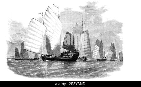 Der Krieg in China - Flotte chinesischer Piraten bereitet sich auf Angriff vor, 1857. "Eines der größten Übel, mit dem der Handel der Händler im Chinesischen Meer zu kämpfen hat, ist die immense Zahl von Piratenschiffen, die die Kanäle der zahlreichen Inseln dieses Landes befallen; Kaum eine Bucht oder Einmündung, die eine Chance bietet, einer Angriffsmacht zu entkommen, aber es wimmelt von Horden dieser Schurken... ihre große Geschwindigkeit unter Segeln oder von Kehrmaschinen angetrieben, leichter Wasserzug, Und die Menge brennbarer Ärgernisse, mit denen sie immer versorgt werden, machen sie zu den gefährlichsten Gegnern, die es gibt Stockfoto