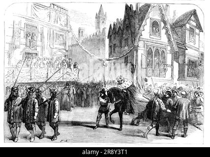 Szene aus "König Richard der zweite", im Prinzessinnen-Theater, 1857. In London spielt Shakespeares "Richard II" mit Charles Kean in der Titelrolle. Die Stadt trompetet, Banner, Schwertträger, Sheriffs, lord Bürgermeister, Stadträte, Captains und Firmen, in Rüstungen, mit königlichen Bannern, Adlige und Minstrels gehen dem Banner des Herzog von Lancaster voraus und der Eintritt, begleitet von ihren Rittern, von Bolingbroke und dem Gefangenen König auf dem Pferderücken... Bolingbroke kehrte dann wieder zu „Meine Herren und Freunde, hier ist König Richard: Ich übergebe ihn in Eure Obhut und bitte Euch, dies zu tun Stockfoto