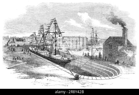 Die Great Western Docks, Plymouth: Graving Dock, 1857. Die Pläne wurden von Mr. I. K. Brunel vorbereitet. Und durchgeführt unter Aufsicht von Mr. Power, dem ortsansässigen Ingenieur, zu einem Preis von knapp einer Viertelmillion Pfund... die Arbeiten umfassen einen schwimmenden Dock... Es gibt auch einen Gravingdock, 367 Meter lang, mit Toren 80 Fuß breit und einer Breite von 92 Fuß. Die Anlegestelle rund um das schwimmende Dock ist größer als 15 Hektar. Es gibt einen 400 Fuß langen, 40 bis 90 Fuß breiten Pier mit einer Wassertiefe von 18 bis 40 Fuß unter niedrigen Wassertiefen. Darüber hinaus t Stockfoto